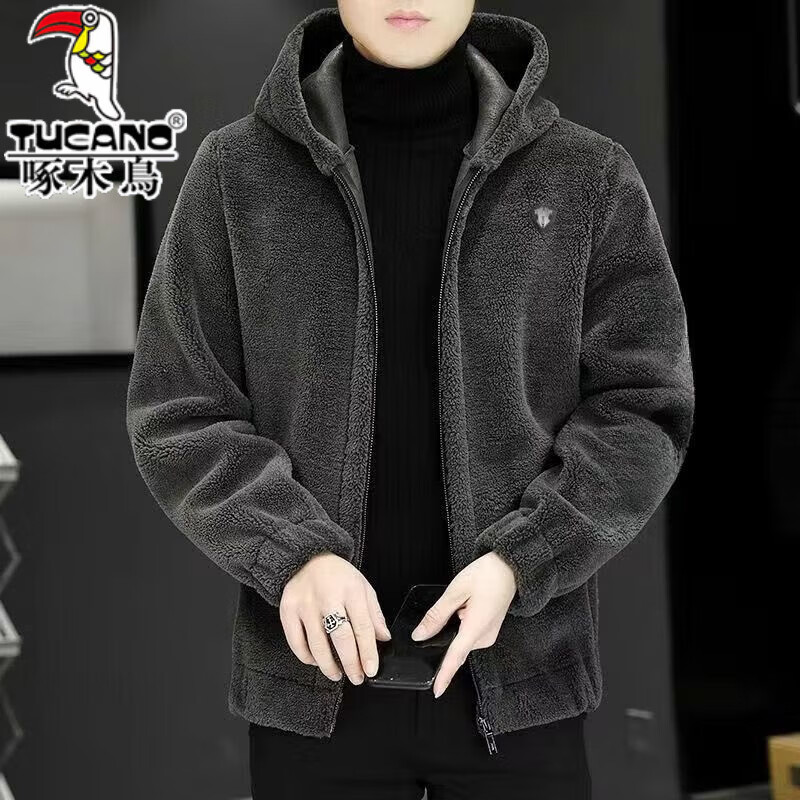 Woodpecker lambswool jacket men's jacket autumn and winter 2025 new thickened warm casual jacket clothes men's jacket stand-up collar gray brand special clearance clearance L - recommended 110-130 pounds