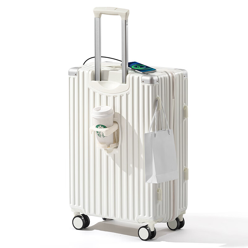 Woodpecker Leather Suitcase 2024 New Double-layer Explosion-proof Zipper Suitcase with Cup Holder Rechargeable Airplane Boarding Case Zipper Shell White Hook USB Cup Holder 20 Inches Double Enclosed Interior + Brake Shock Absorbing Wheels