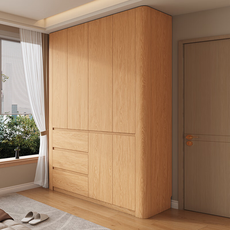 French poetry custom-made oak segmented solid wood handle-free corner arc wardrobe household swing door storage master bedroom wardrobe 1.4m long * 2.4m high four-door oak wardrobe ENF maternal and child grade environmentally friendly antibacterial 18MM thickened oak