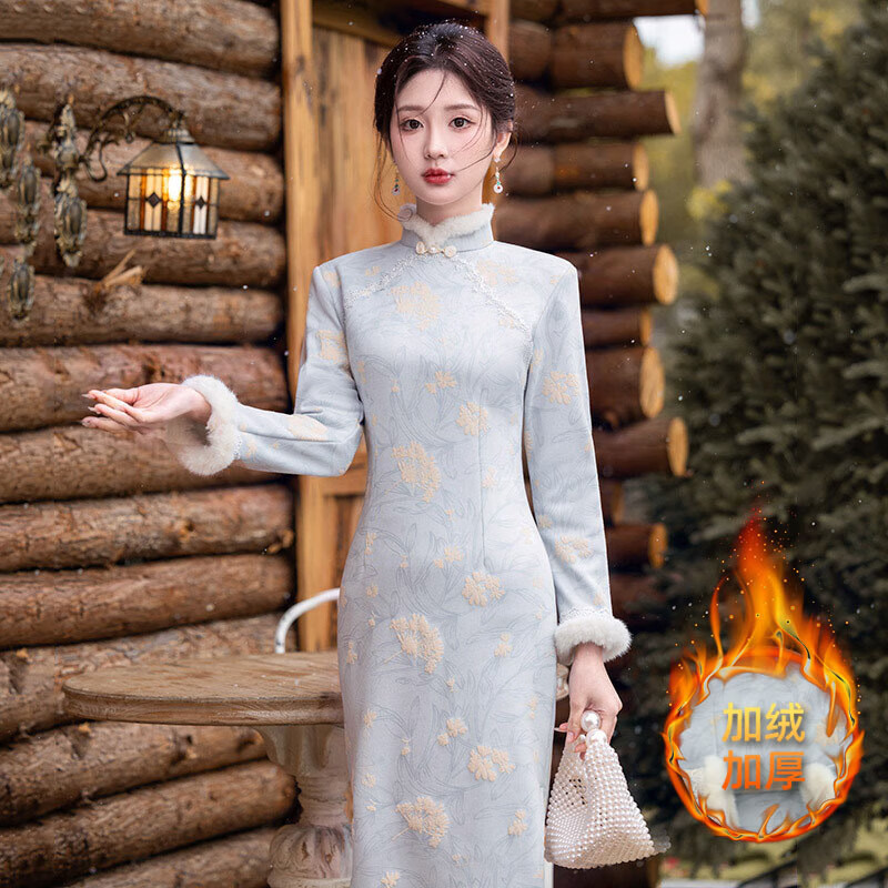 Blue Elegant Lady Style Plush Collar Cheongsam Winter Style Waist-Reducing Age-Reducing Warm Plus Velvet New Chinese Style Dress Blue XL (115-125 Jin)