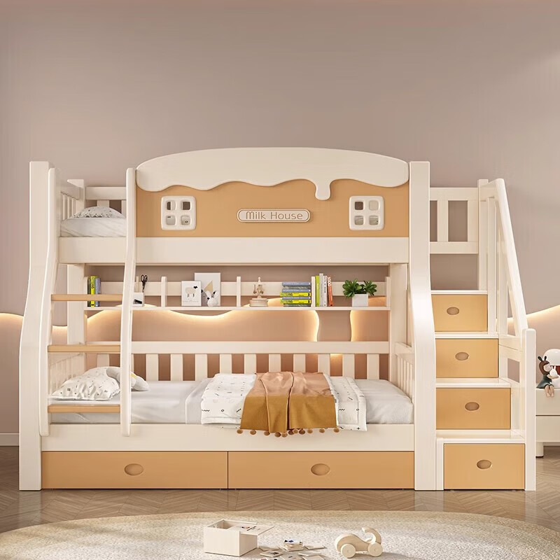 Leiyang all solid wood upper and lower bed, cream style cartoon bunk bed, small apartment multi-functional wooden bed double solid wood high and low bed, ladder cabinet upper 115 lower 135 bookshelf drawer mattress * 2 package installation