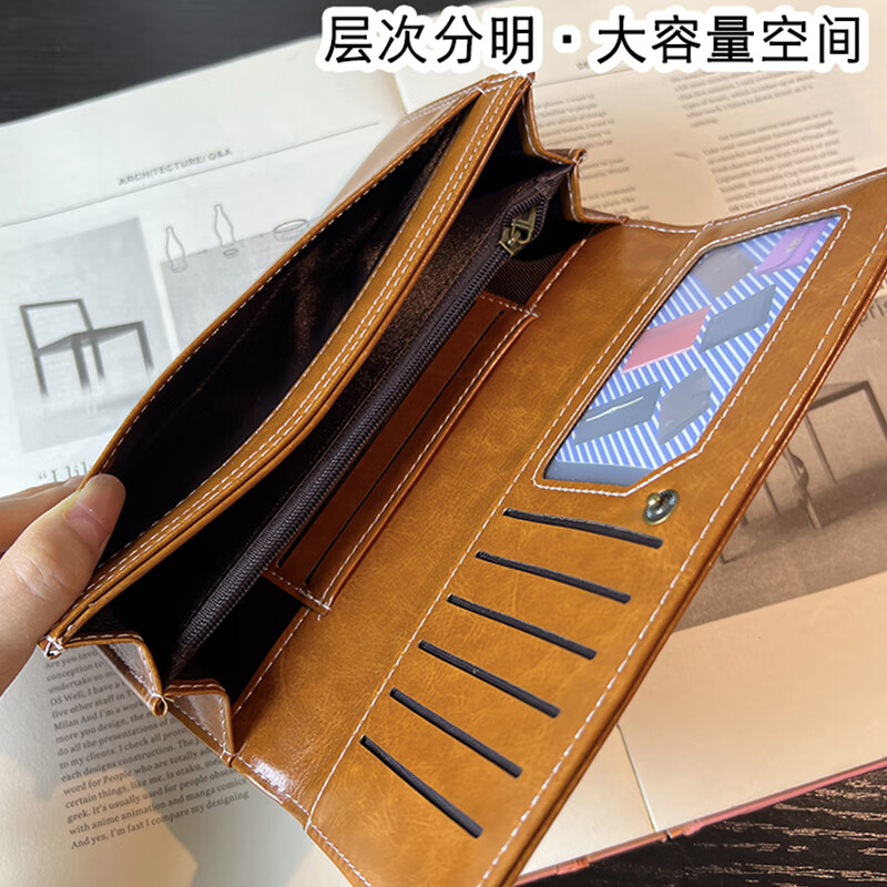 Wanjiazhen retro atmospheric multifunctional women's wallet women's long mobile phone bag Japanese and Korean folding women's wallet clutch bag card bag brown