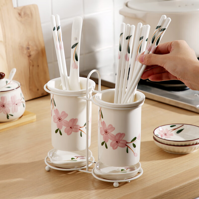 Domeiran Kitchen Ceramic Chopstick Tube Chopstick Basket Drain Household Tableware Storage Box Chopstick Cage Chopstick Basket Spoon Chopstick Box Sakura Double Tube (White Rack) Does Not Include Chopsticks