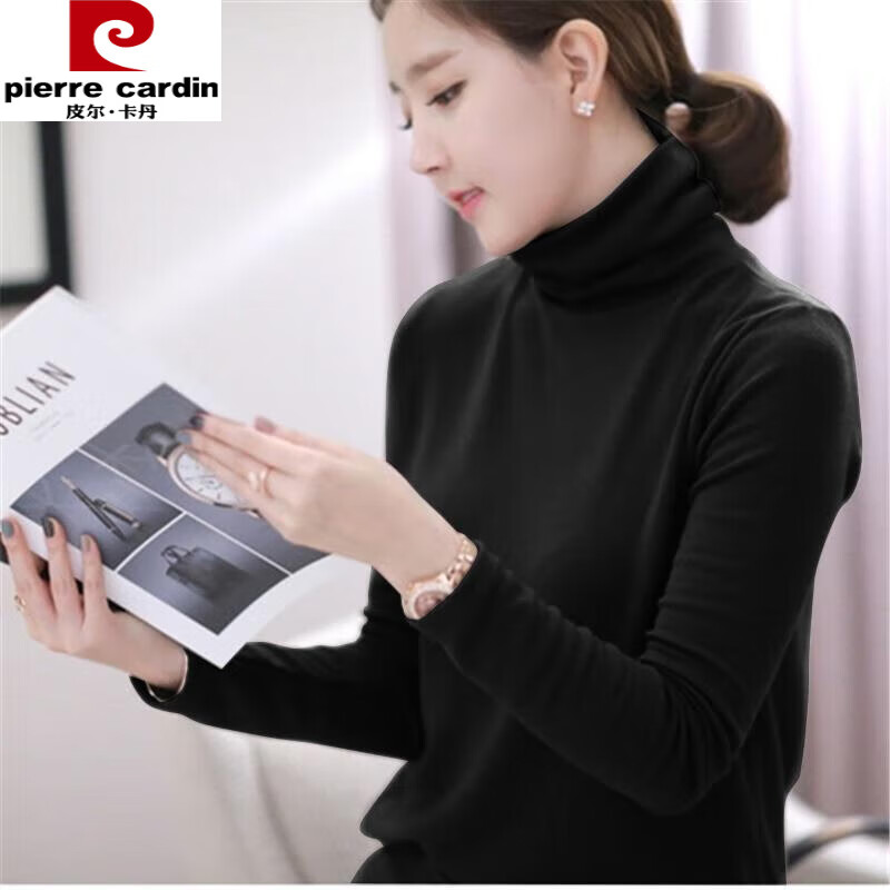 Pierre Cardin pure cotton turtleneck bottoming shirt for women 2025 autumn and winter new style women's fit pile collar inner long-sleeved T-shirt top for women light brown pure cotton long-sleeved T-shirt XL 115-130 catties
