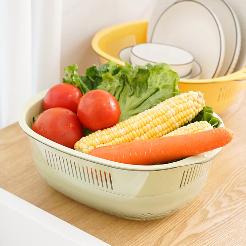Dimple double-layer vegetable basket drain basket hollow basin fruit basin household fruit basket kitchen vegetable basin green set