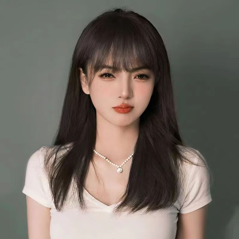 Sibes wig women's medium-long hair shoulder-length clavicle hair daily natural air bangs short hair simulated human hair full headband style natural black hair network hair card