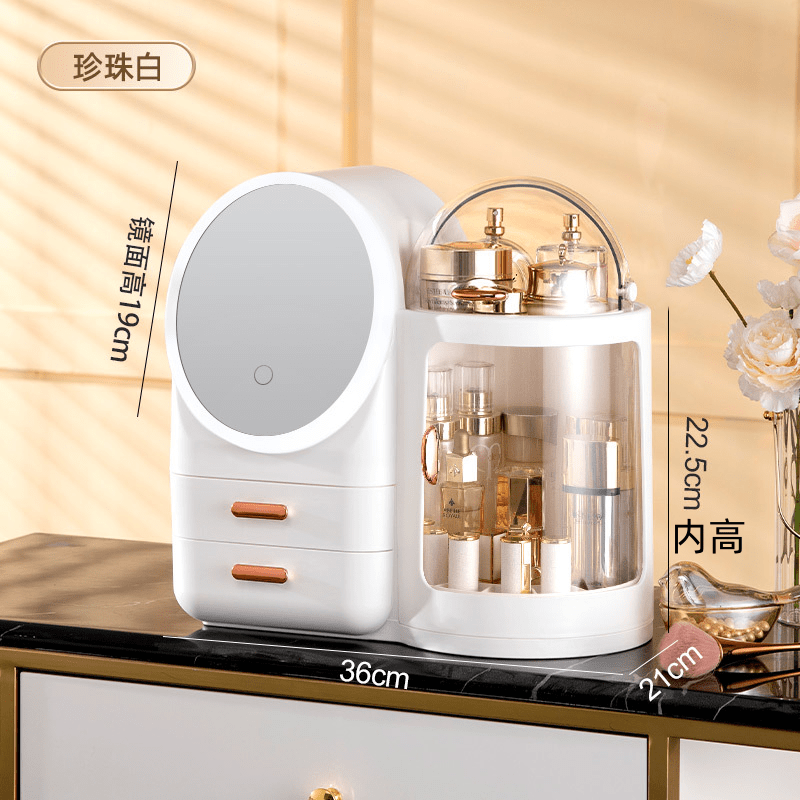 Rotating cosmetic storage box with mirror integrated with light large capacity skin care product storage box dustproof white