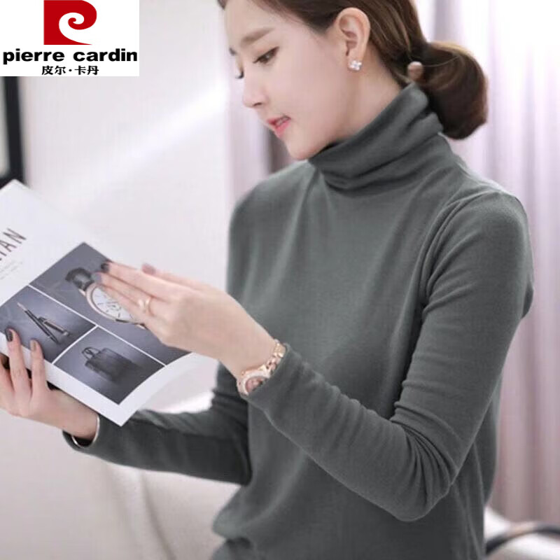 Pierre Cardin pure cotton turtleneck bottoming shirt for women 2025 autumn and winter new style women's fit pile collar inner long-sleeved T-shirt top for women light brown pure cotton long-sleeved T-shirt XL 115-130 catties