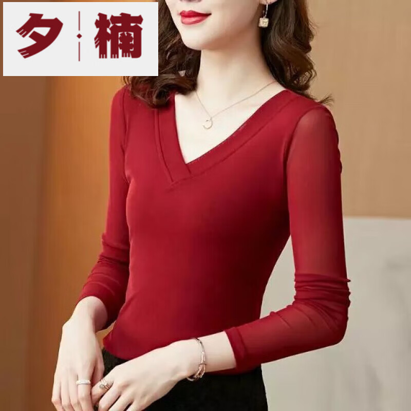 Xinan mesh bottoming shirt with spring and autumn V-neck western style slim top for women new fashion long-sleeved T-shirt for women black round-neck 2XL recommended 125-140 pounds