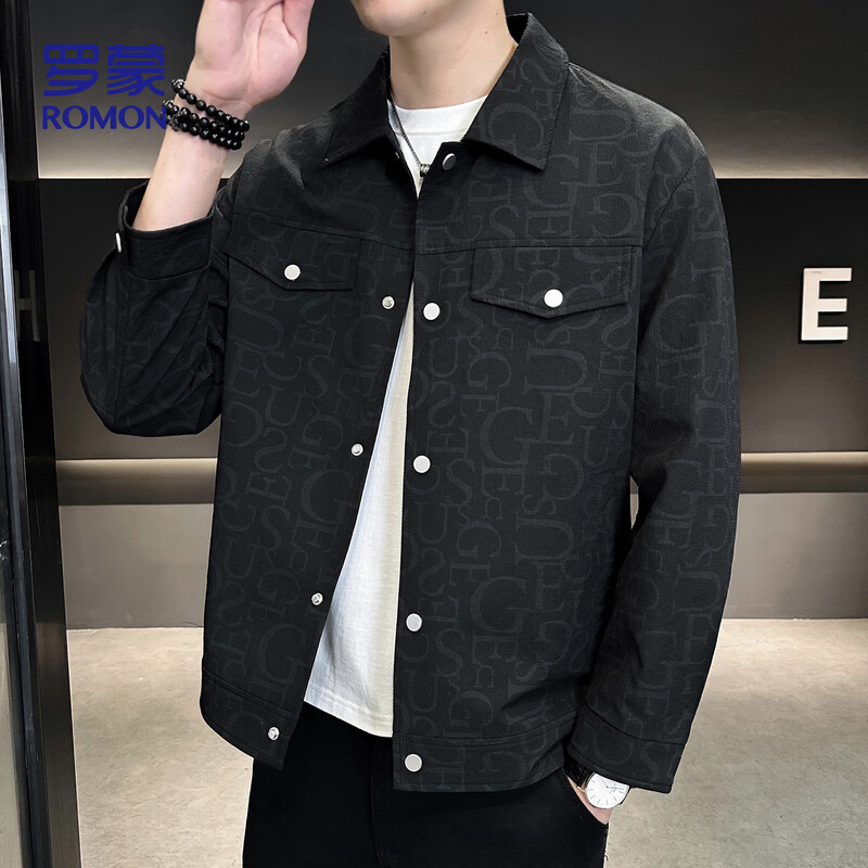 ROMON jacket men's autumn and winter cotton new casual trendy cotton lapel jacket men's ZHL21 black XL