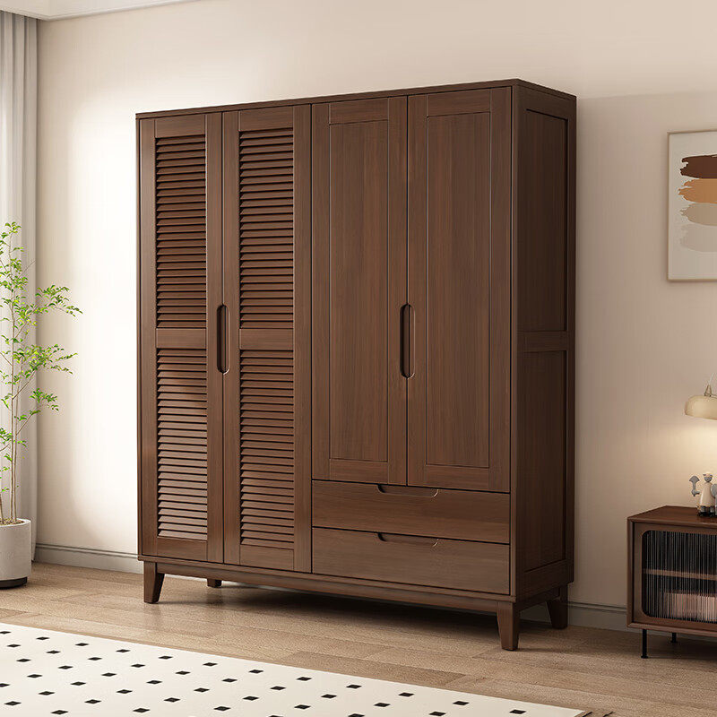 Siguyuan Nordic all solid wood wardrobe hundred-page grille can add top cabinets home bedroom simple two or three doors with drawer storage wardrobe walnut color all solid wood four door wardrobe delivery to home package installation