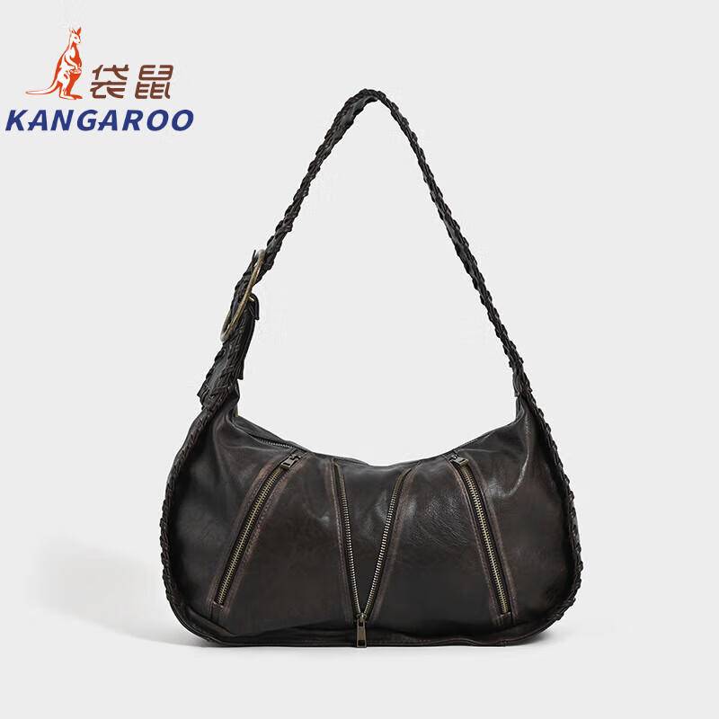 Kangaroo (KANGAROO) new retro woven pattern red armpit bag women's commuter shoulder bag large capacity design niche new bag rub color brown