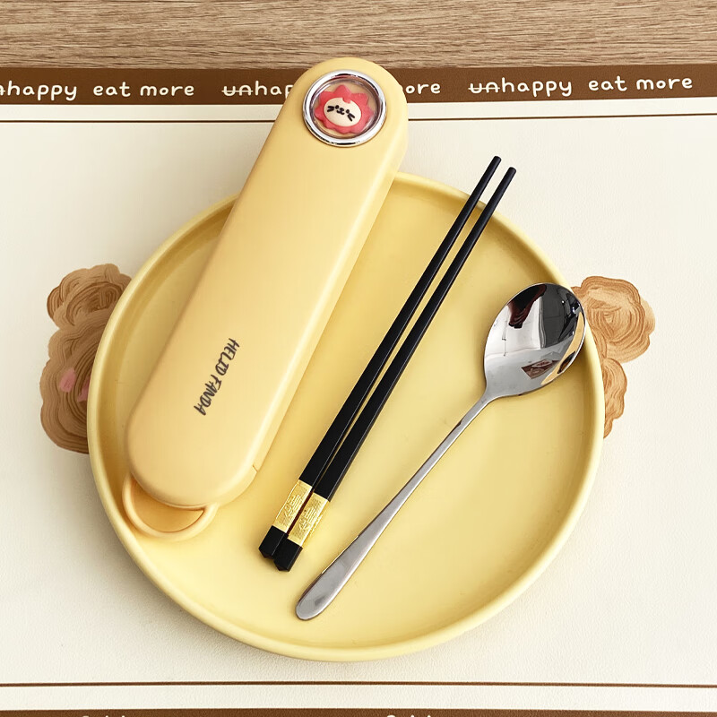 WORTHBUY 316 Stainless Steel Chopsticks and Spoons Cute Portable Tableware Three-piece Set Single Student Takeaway Storage Cutlery Box Doudou Xiong Qingti Green + 304 Chopsticks and Spoons 3-piece Set