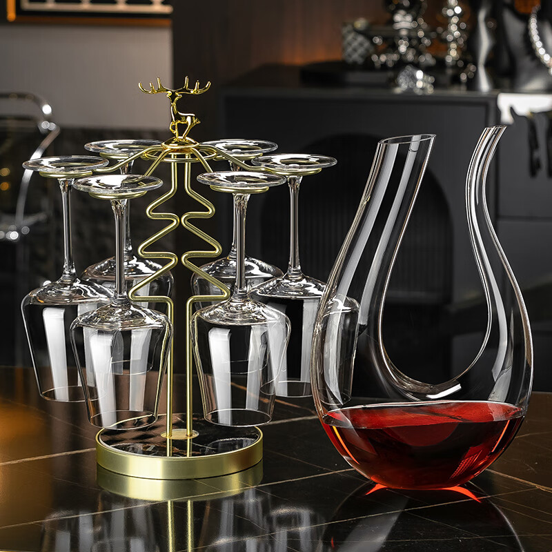 RIDOSS new red wine glass decanter set household high-end cup holder European large wine crystal goblet romantic style * 6 + with handle + silver smooth sailing rack