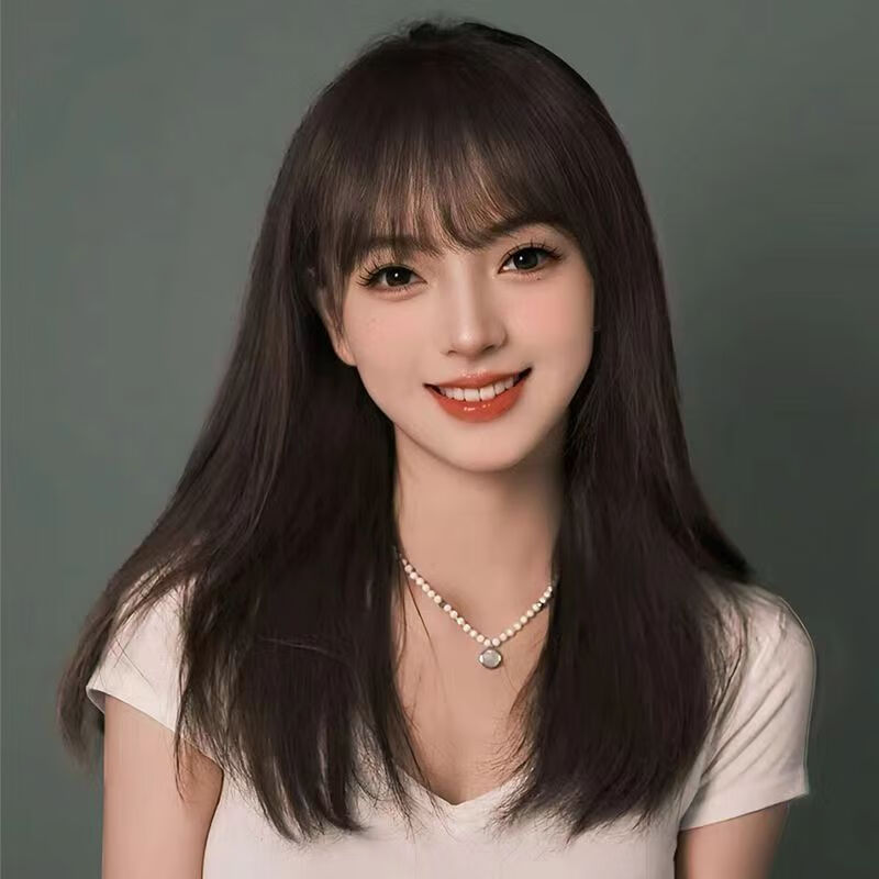 Sibes wig women's medium-long hair shoulder-length clavicle hair daily natural air bangs short hair simulated human hair full headband style natural black hair network hair card