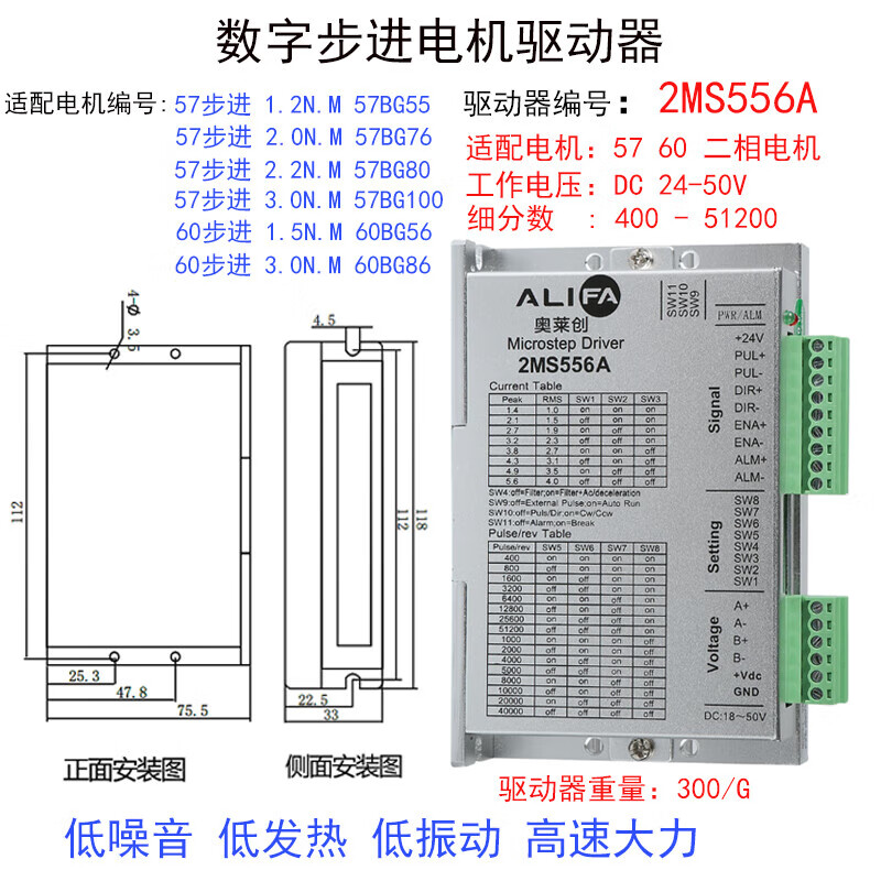 Contains Oletron 86 60 57 closed-loop stepper motor driver 2MS556A (2-phase 5.6A)
