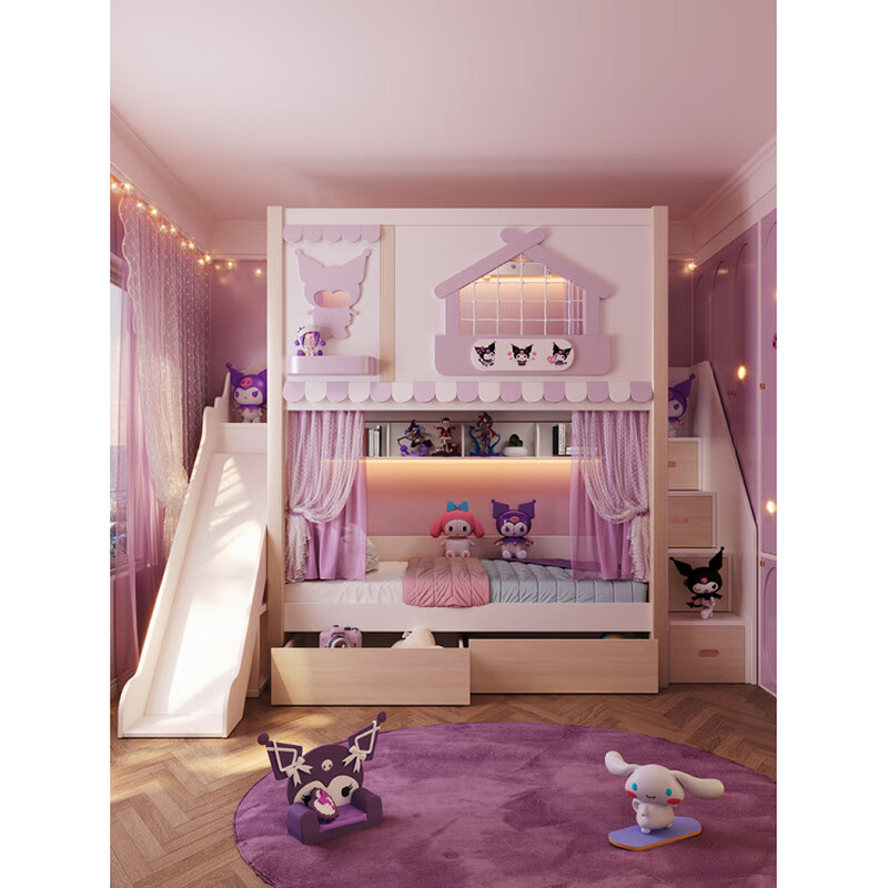 Fat Donglai same style cartoon children's bed all solid wood high and low bed bunk bed girl princess upper and lower castle 90% choose to upgrade the mattress 1200mm*1900mm x bunk bed + bookshelf