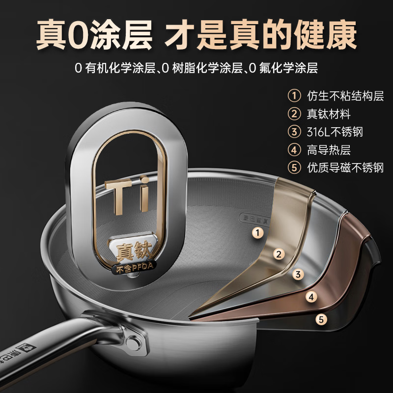 Konbach real titanium 0 coating wok uncoated household non-stick pan 316L stainless steel wok induction cooker gas universal