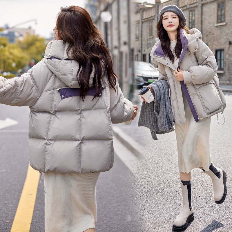 Guixuege winter hooded short down jacket for women 2024 new fashion loose thickened warm white duck down jacket light card color M (115-135 catties)