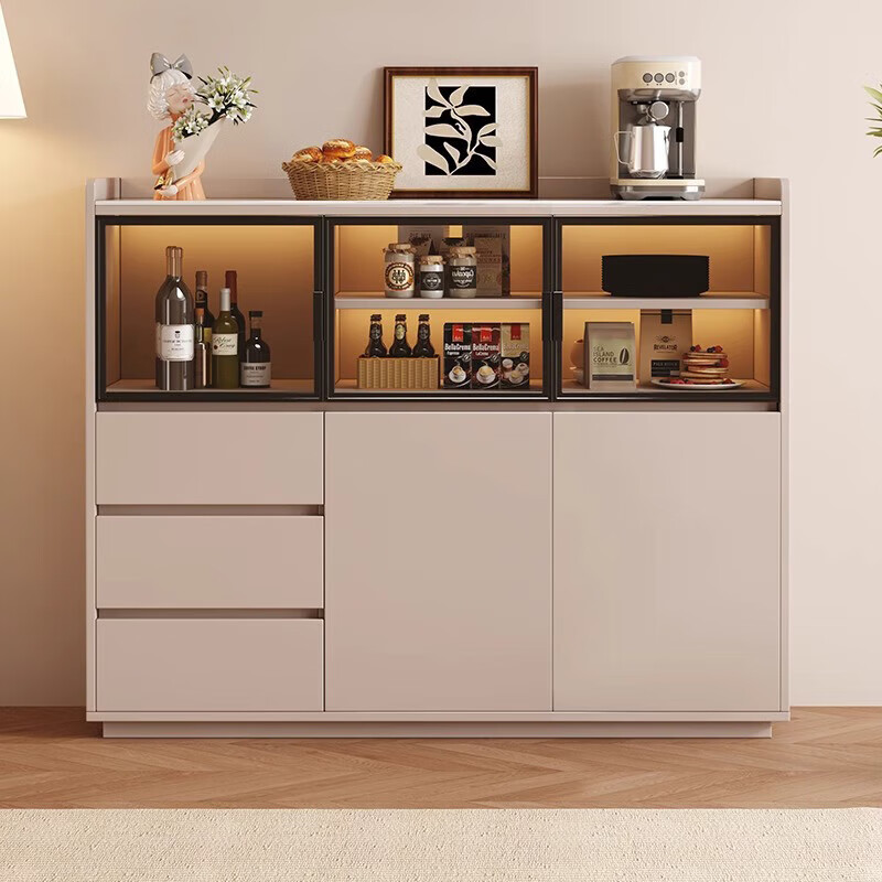 Palo Sen solid wood sideboard home tea cabinet light luxury high-end wine cabinet living room wall-in-one modern simple storage cabinet 83cm long two-door style khaki color