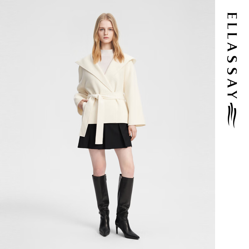 ELLASSAY (ELLASSAY) new autumn and winter sheep wool soft and elegant hooded terminal style with lace-up woolen coat for women EWB354D01500