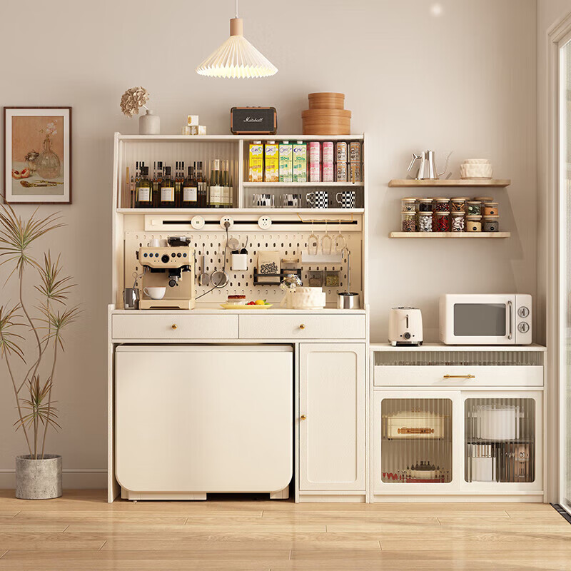 Isabel cream style solid wood folding dining table retractable home 1.2m sideboard integrated wall kitchen storage wine cabinet 1.7m dining table sideboard integrated - with two chairs basic model - 1.2m sideboard