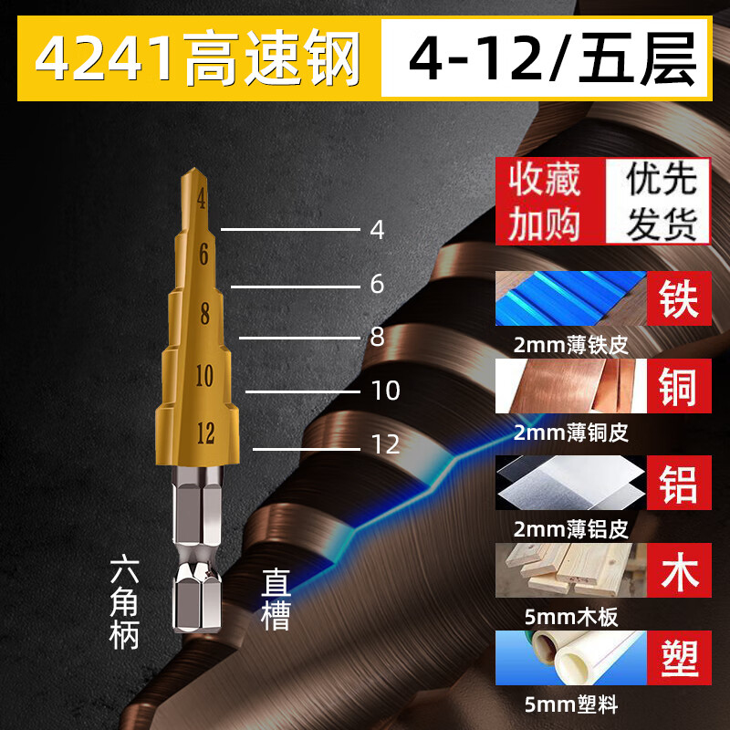 Gobos conical electric drill pagoda drill bit containing cobalt multifunctional stainless steel hole opening artifact step drilling M35 straight groove 4-20 hardened version 4241 straight groove 4-12