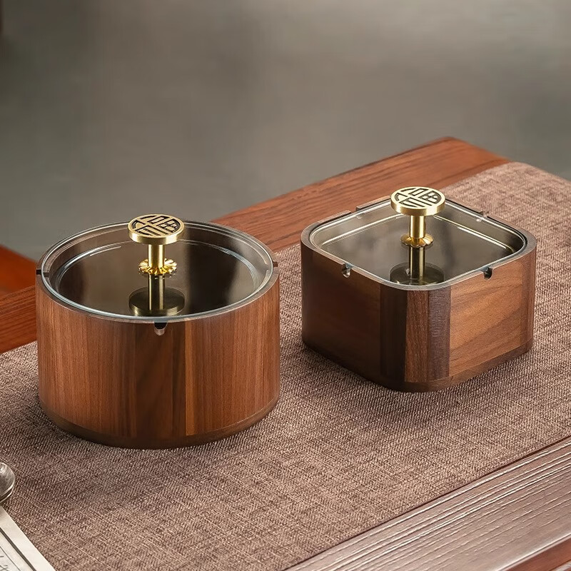 Genasi solid wood ashtray high-end anti-fly ash commercial office home living room hotel Chinese style ashtray with cover high-end round Jinfu brass handle glass liner