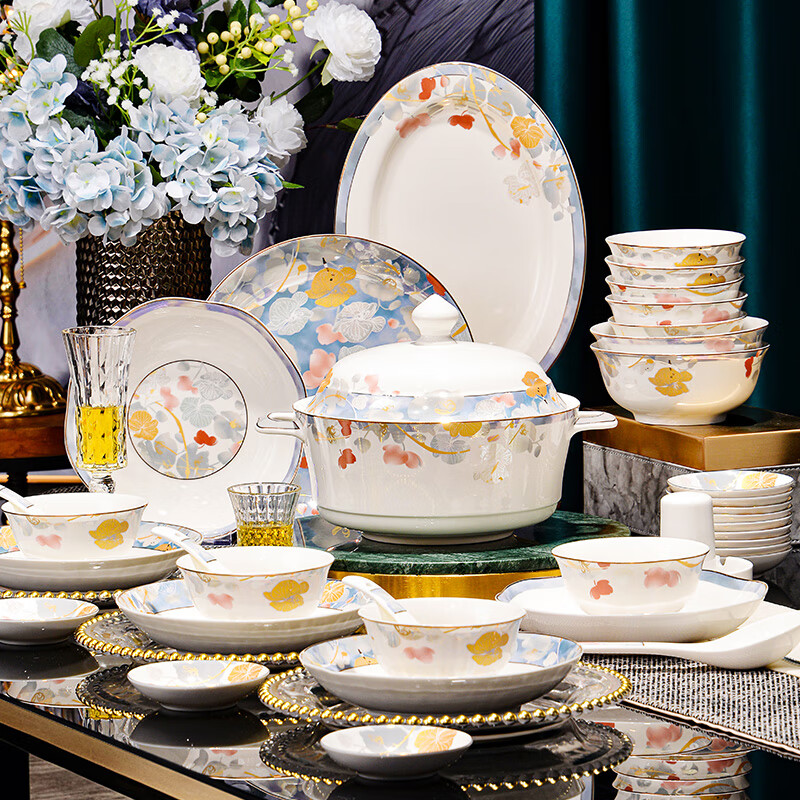 DISHWEER bowls, plates and tableware set 2026 new light luxury new bone china tableware set housewarming gift 62 pieces Lanxiang Yashi