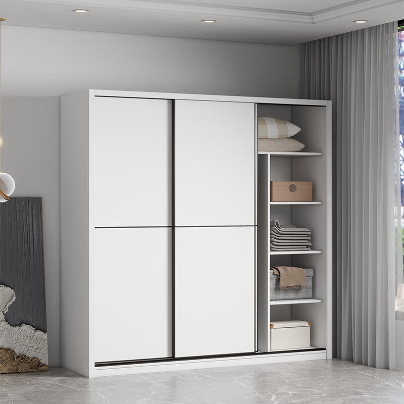 Sliding door wardrobe home bedroom simple assembly rental wardrobe sturdy and durable small wooden children's cabinet warm white 120cm long main cabinet reinforced and thickened assembly self-installation delivered to downstairs