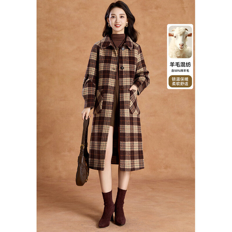 Kebel high-end retro plaid atmosphere coat women's 2025 new autumn and winter temperament mid-length woolen coat L