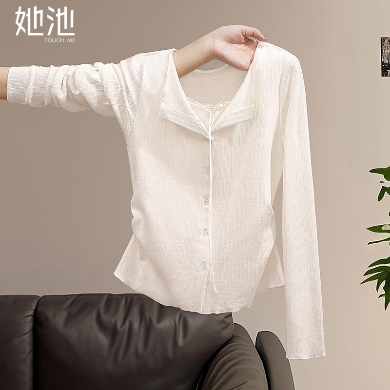 Her pool fake two sweet bottoming shirts 2026 spring new style niche stitching right shoulder long-sleeved tops