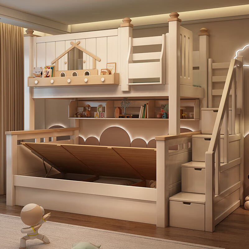 Fenlis all solid wood bed and bunk bed, children's bed, high and low beds do not interfere with each other, double bed and double bed with high guardrails, high and low bed + bookshelf + double drawers + ladder cabinet, bottom bunk 1.5*1.9 meters, upper bunk 1.2*1.9 meters