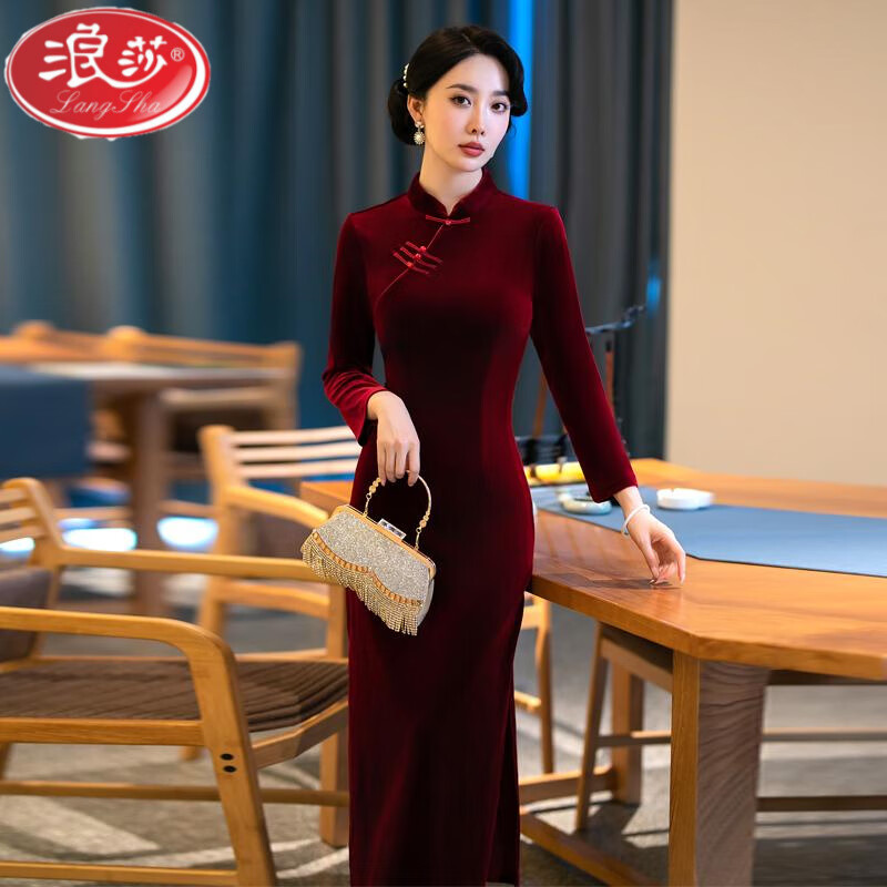 LangSha improved cheongsam autumn and winter plus velvet and thickened gold velvet 2024 new style noble dress for mother-in-law wedding banquet mother red plus velvet 2XL suitable for 120-130 pounds