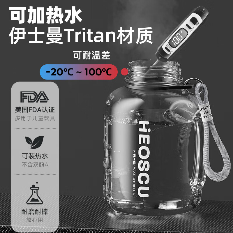 NRMEi Sports Water Cup Large Capacity Summer Tritan Men's Fitness Tea Water Separator Big Belly Portable Ton Bucket Ton Water Cup Direct Drink + Straw + Tea Storage Dark Night Black 1800ml