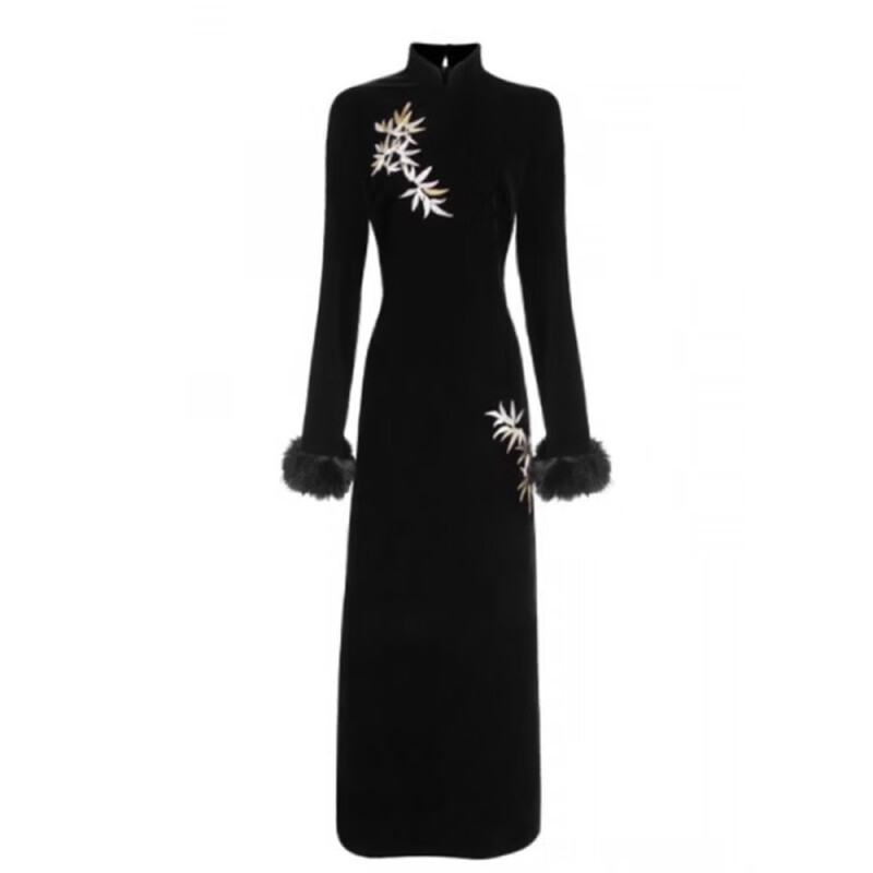Hengyuan Xianggan 2025 autumn and winter new long-sleeved black cheongsam embroidered new Chinese style slim slit velvet long skirt black (removable fur sleeves) L
