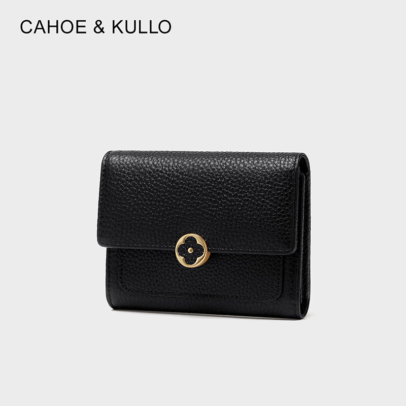 CAHOE KULLO official cowhide wallet women's short 2025 new clutch bag women's card holder multi-card slot coin purse wallet black-CK birthday gift for girlfriend