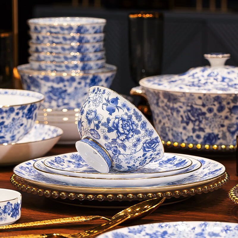 Jingci Jingdezhen light luxury blue and white high-end bone china tableware set chopsticks dishes bowls hotel gift for moving into a new home Enamel blue and white-princess pot丨10 people丨80 heads