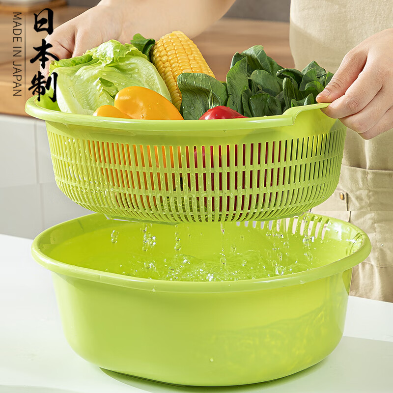 Sungsa Japan imported double-layer plastic sink large vegetable basket fruit basket kitchen hollow draining dish storage basket green set basin + draining basket