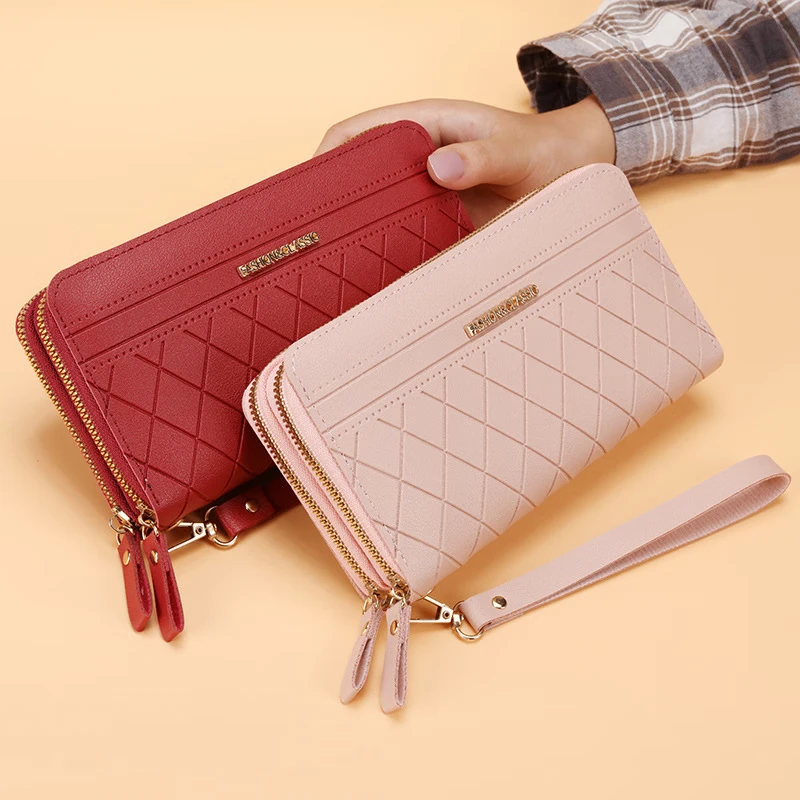Women's long wallet card holder wrist bag double zipper coin purse ID bag mobile phone bag multi-card slot wallet card holder burgundy