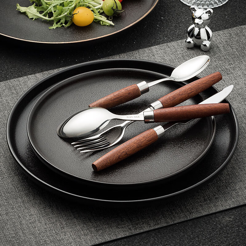 Aoki Shangci Japanese retro solid wood steak cutlery 4-piece set of knives, forks and spoons 304 stainless steel cake knives and forks two-piece set high-end two-piece knife and fork set