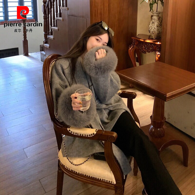 Pierre Cardin oversized fox fur double-sided cashmere coat for women 2025 winter new temperament short small woolen coat gray M