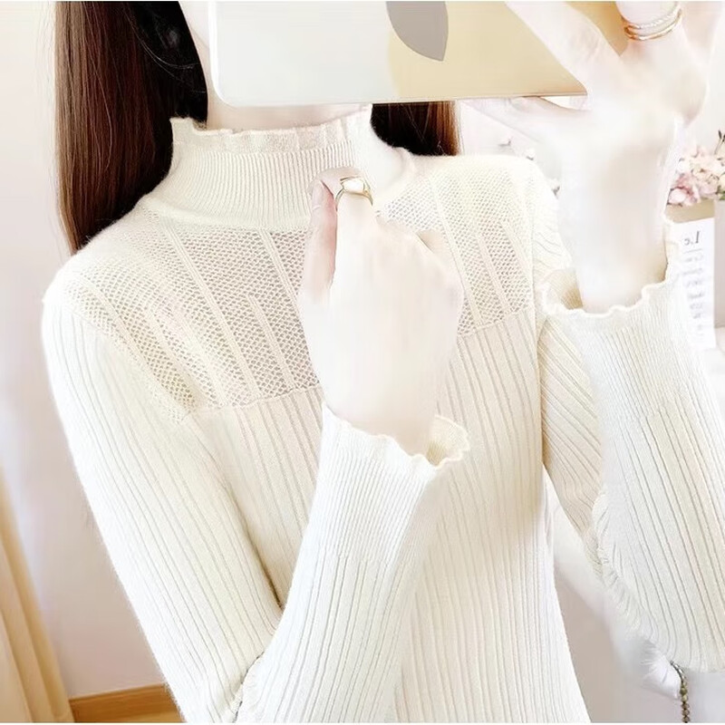 SHIYADA Lace Bottoming Shirt Women's Autumn and Winter New Half-High Collar Style Slim-fitting Character Knitted Sweater Top Black (Lace Style) L Recommended 100-110 catties