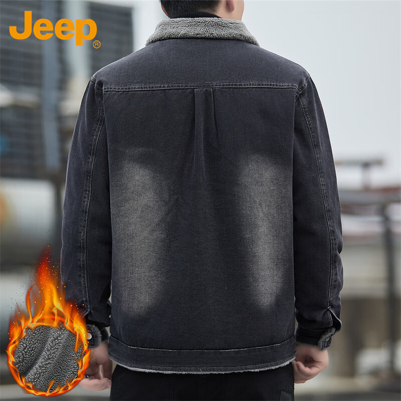 JEEP Jeep Jacket Men's Autumn and Winter Loose Velvet Warm Denim Jacket Casual Clothes Men Black 3XL