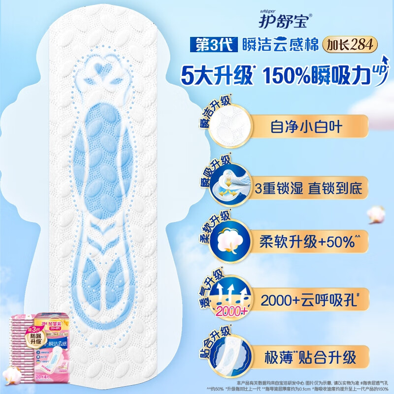 Hushubao innovative instant cleansing cloud-sense cotton sanitary napkin, multi-day use 284mm 24 pieces aunt napkin Jingdong self-operated official flagship