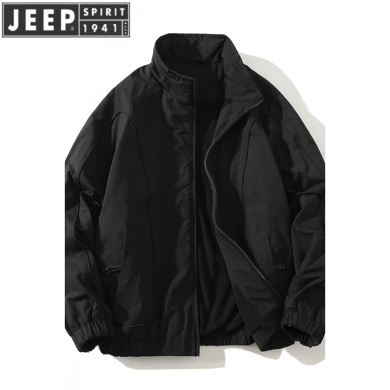 JEEP SPIRIT winter stand collar American short handsome bomber jacket cotton coat plus velvet thickened jacket men's top khaki 2XL (175-200)