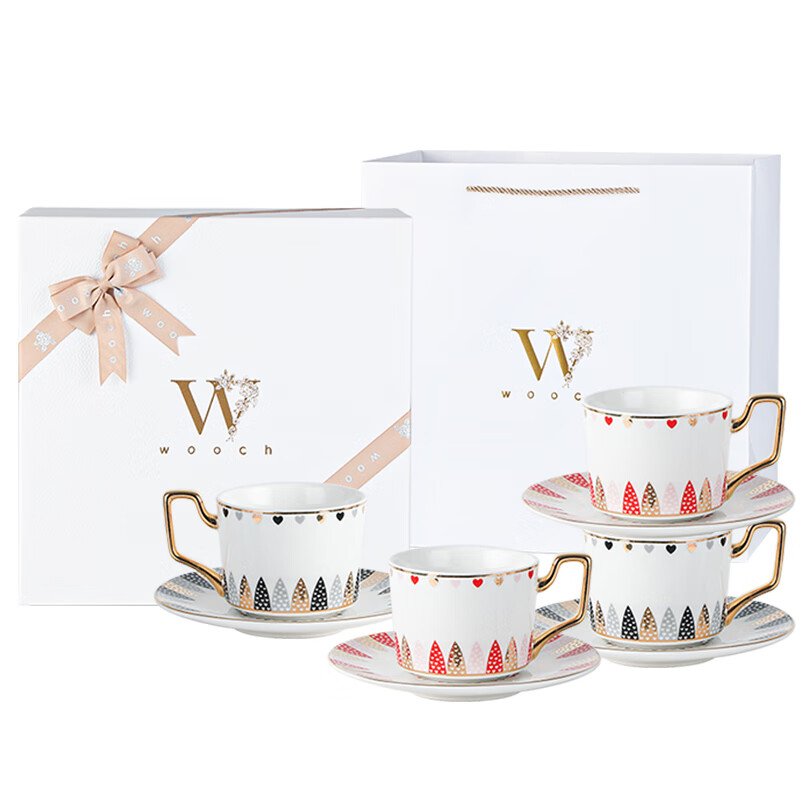 WOOCH Love at First Sight coffee cup with four saucers gift box for couples moving to a high-end new home, business, birthday, wedding souvenir Love at First Sight 4 cups and saucers - red gold + gray gold + white gift box
