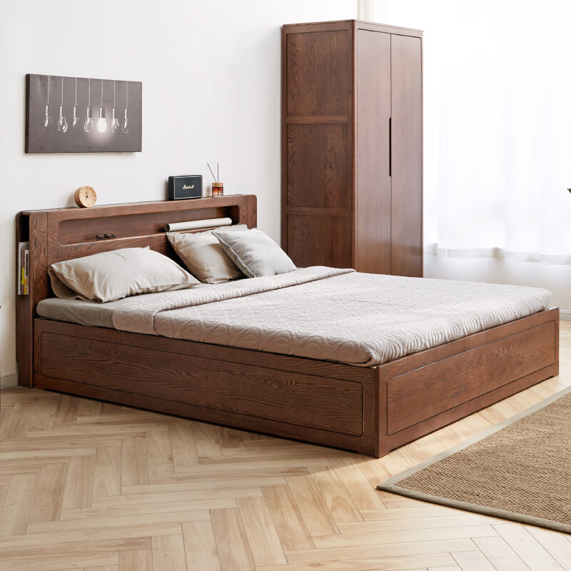 Genji Muyu solid wood bed modern simple oak storage box bed Nordic bedroom double bed high bunk luminous box