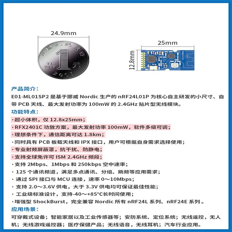 Ebyte nRF24L01P+ chip 2.4G wireless transceiver module UAV long-distance test sample E01ML01IPX
