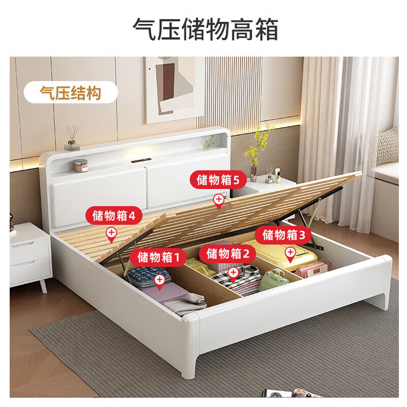 Engelberg solid wood bed rubber wood 100% pure solid wood 1.5m double bed single bed simple bedroom large bed rental room bed single bed cream white soft cover 1.8*2m frame structure